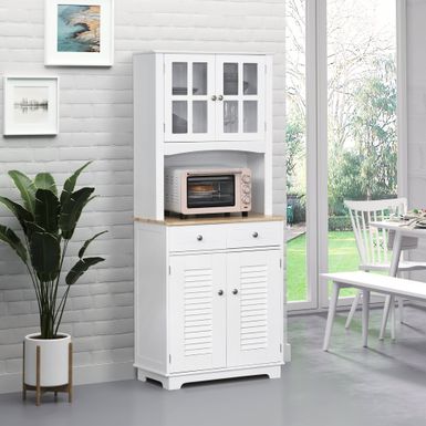 image of HOMCOM 67" Kitchen Buffet with Hutch, Pantry with Framed Glass Doors, Louvered Cabinets, Drawers, and Open Microwave Countertop - White with sku:xgkg0san4hkzyevinowhoqstd8mu7mbs-overstock