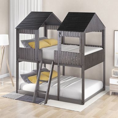 image of Merax Full over Full Wood Tower Bunk Bed with Roof - Antique Grey with sku:vyxhuffwrkvpledb2mba4wstd8mu7mbs-overstock