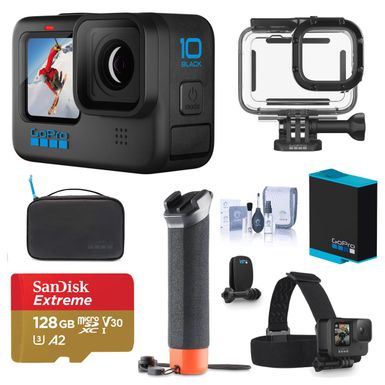 image of GoPro HERO10 Black, Waterproof Action Camera, 5.3K60/4K Video Bundle with Protective Housing, Adventure Kit, 128GB microSD Card, Extra Battery, Cleaning Kit with sku:gphero10f-adorama