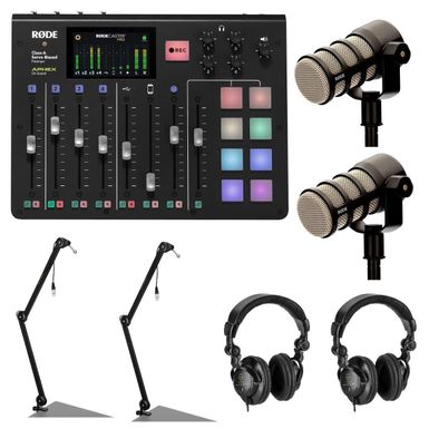 image of Rode RODECaster Pro Integrated Podcast Production Console - Bundle With, 2x Rode PodMic Dynamic Podcasting Microphone - 2x Microphone Broadcast Arm with XLR Cable - 2x Pro Monitor Headphones with sku:rdrcpk1-adorama