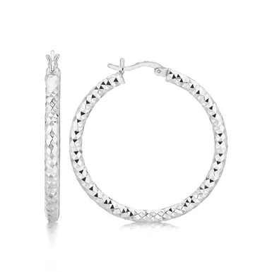 image of Sterling Silver Faceted Motif Large Hoop Earrings with Rhodium Plating with sku:d26639878-rcj