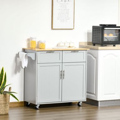 image of HOMCOM 41" Modern Rolling Kitchen Island, Kitchen Storage Utility Cart Trolley with Rubberwood Top, 2 Drawers, and Towel Rack - Grey with sku:g6tnpi2wjvquspwoercifqstd8mu7mbs-overstock