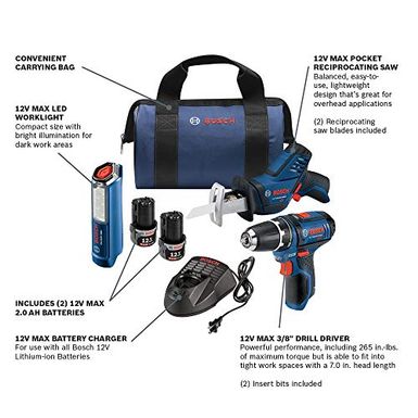 image of Bosch Power Tools Combo Set - GXL12V-310B22 - 12-Volt 3-Tool Combo Kit - Pocket Reciprocating Saw PS60, Drill PS31, LED Worklight GLI12V-300 For Maintenance Repair, Electrician, Contractor, Home Owner with sku:b0771yrk4x-bos-amz