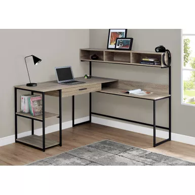 Computer Desk/ Home Office/ Corner/ Storage Drawers/ L Shape/ Work/ Laptop/ Metal/ Laminate/ Brown/ Black/ Contemporary/ Modern