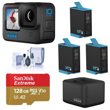 image of GoPro HERO10 Black, Waterproof Action Camera, 5.3K60/4K Video, 1080p Live Streaming, Power Bundle with Dual Charger, 3 Extra Battery, 128GB microSD Card, Cleaning Kit with sku:gphero10g-adorama