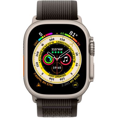 Angle Zoom. Apple Watch Ultra (GPS + Cellular) 49mm Titanium Case with Black/Gray Trail Loop - M/L - Titanium