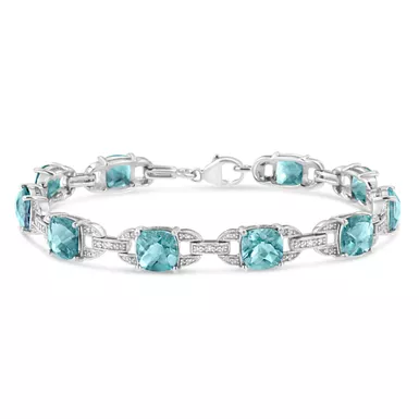 .925 Sterling Silver 7x7 mm Cushion Cut Gemstone and 1/20 Ctw Round Cut Diamond Fashion Tennis Bracelet (I-J Color, I1-I2 Clarity) - 7" Choice of Gemstone Color