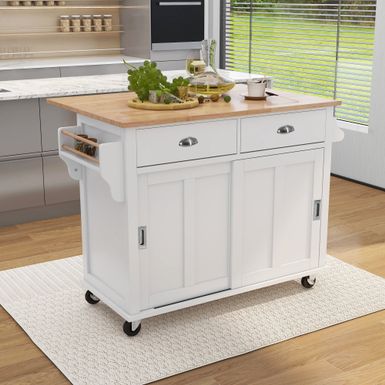 image of Nestfair Drop-Leaf Countertop Kitchen Cart Kitchen Island with Wheels and Storage Cabinet - White with sku:mcefta-7oa5tko06e_qe5gstd8mu7mbs--ovr