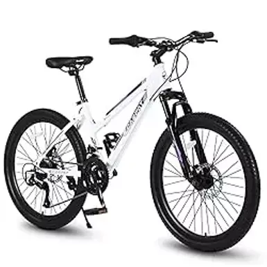 image of KOZYSFLER 24 Inch Mountain Bike for Women and Teenagers, Shimano 21 Speeds, Dual Disc Brakes, 100mm Front Suspension, White/Pink, Ideal for Female Riders with sku:b0cxhy59m8-amazon