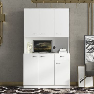 image of 70.87" Tall Wardrobe& Kitchen Cabinet, with 6-Doors, 1-Open Shelves and 1-Drawer for bedroom,Walnut - White with sku:mykh5a4zeh7erchw9ipk1gstd8mu7mbs--ovr