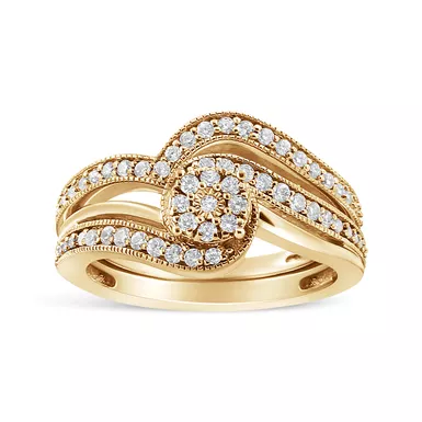 14K Yellow Gold Plated .925 Sterling Silver 1/3ct Cttw Multi-Diamond Bypass Vintage-Style Bridal Set Ring and Band (I-J Color, I3 Clarity) - Size 12