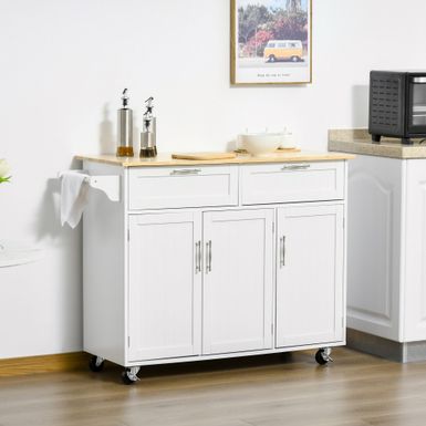 image of HOMCOM 48" Modern Kitchen Island Cart on Wheels with Storage Drawers, Rolling Utility Cart with Adjustable Shelves, Cabinets - White with sku:dxdqdsvh6sfdqzq0ibyyaastd8mu7mbs-aos-ovr
