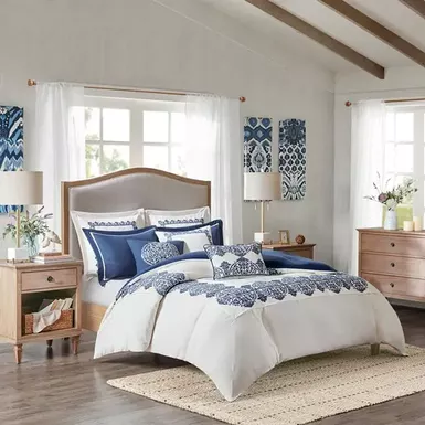 image of Off White/Blue Indigo Sky Faux Linen Oversized Comforter 8 Piece Set Queen with sku:mps10-410-olliix