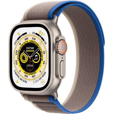 image of Apple Watch Ultra (GPS + Cellular) 49mm Titanium Case with Blue/Gray Trail Loop - M/L - Titanium with sku:bb21207371-6339717-bestbuy-apple