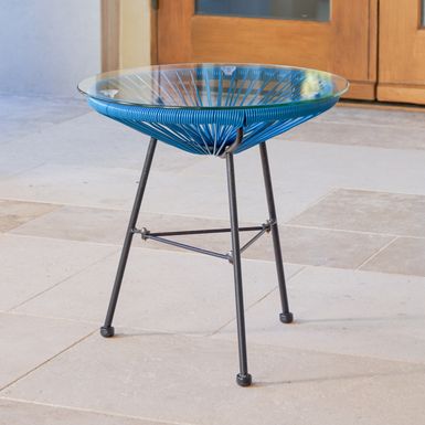 image of Sarcelles Modern Woven Wicker Patio Side Table with Glass Top by Corvus - Blue with sku:4y6sgfny9xjjkzwokkaiawstd8mu7mbs-overstock