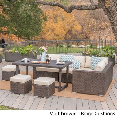 image of Santa Rosa Outdoor 8-Piece Rectangle Aluminum Wicker Dining Sofa Set with Cushions by Christopher Knight Home - Brown/Beige with sku:nurdqj5ap-z-ewv4eb7hhgstd8mu7mbs-chr-ovr