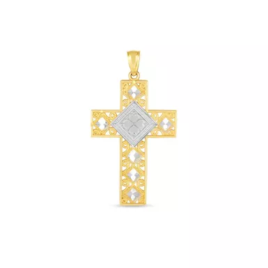 14k Two Tone Gold High Polish Diamond Cut Cross Pendant