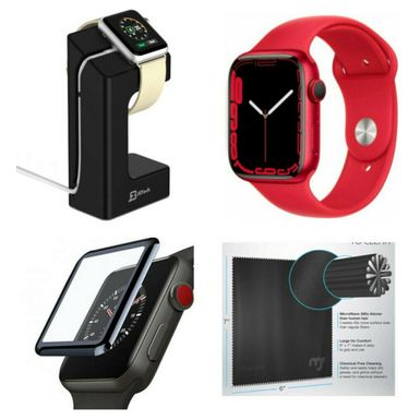 image of Apple Watch Series 7 (GPS) 45mm (RED) Aluminum Case with (PRODUCT RED) Sport Band Bundle with sku:mkn93b-streamline