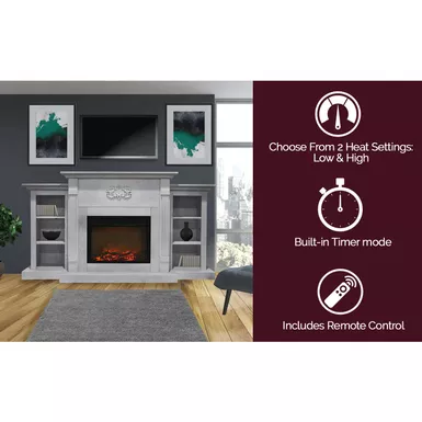 image of Sanoma 72-In. Electric Fireplace in White with Built-in Bookshelves and a 1500W Charred Log Insert with sku:cam7233-1wht-almo