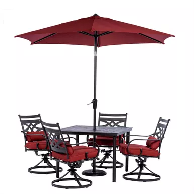 image of Montclair 5pc: 4 Swivel Rockers, 40" Square Dining Table, Umbrella & Base with sku:mclrdn5pcsqsw4-su-c-almo