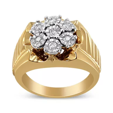 image of 14K Yellow Gold Plated .925 Sterling Silver 1/3 Cttw Miracle-Set Floral Diamond Cluster Ring (I-J Color, I1-I2 Clarity) - Size 10 with sku:017268r100-luxcom