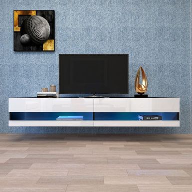 image of 180 Wall Mounted Floating 80" TV Stand with 20 Color LEDs - White/Black with sku:1uiwn5qcfzmihcucbyutgwstd8mu7mbs-mom-ovr