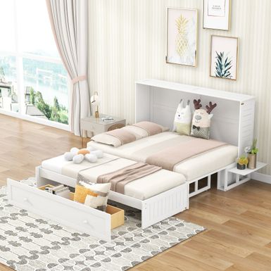image of Nestfair White Queen Size Mobile Murphy Bed with Drawer and Shelves - White with sku:lgbystzfg-aep7jcvy_ghqstd8mu7mbs--ovr