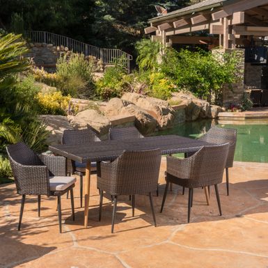 image of Rylan Outdoor 7-piece Rectangle Dining Set with Cushions by Christopher Knight Home - Multibrown + Textured Beige with sku:-nee3xa_knirzgk7kyhnsqstd8mu7mbs-chr-ovr