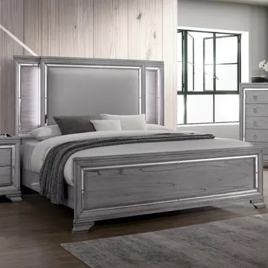 Contemporary Wood Queen Bed with LED Lights in Light Gray