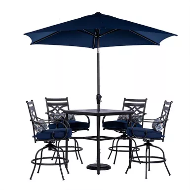 image of Montclair 5pc High Dining: 4 Swivel Chairs, 33" Square High Table, Umbrella & Base with sku:mclrdn5pcbr-su-n-almo