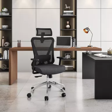 image of Truly Ergonomic Mesh Office Chair with Headrest & Lumbar Support, Black with sku:rta-3265c-bk-rtaproducts