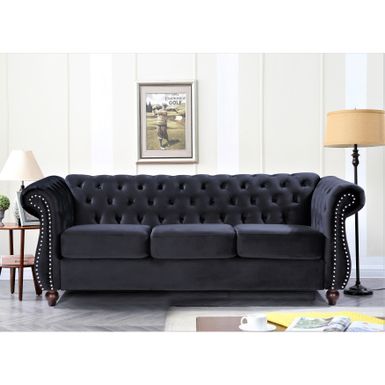 Kemos Velvet Chesterfield 2-Piece Set-Chair and Sofa - Black