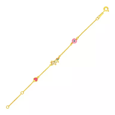 14k Yellow Gold Childrens Bracelet with Enameled Heart Unicorn and Circle (5.5 Inch)