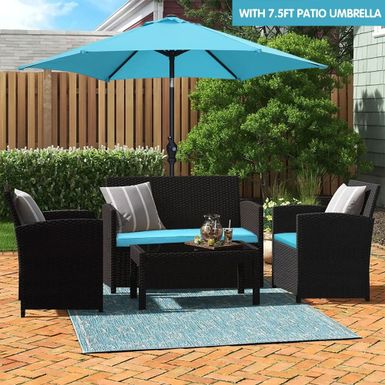 image of Zenova Outdoor 4-piece Rattan Wicker Sofa Furniture Set With 7.5ft patio umbrella - Blue with sku:24ugrpdkl__26ij6s7u15qstd8mu7mbs--ovr