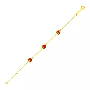 14k Yellow Gold Childrens Bracelet with Enameled Strawberries (5.5 Inch)