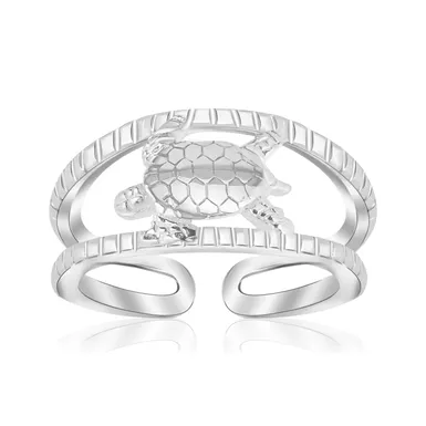 image of Sterling Silver Rhodium Plated Open Toe Ring with a Turtle Accent with sku:d8905703-rcj