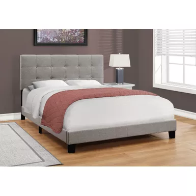 image of Bed/ Queen Size/ Platform/ Bedroom/ Frame/ Upholstered/ Linen Look/ Wood Legs/ Grey/ Transitional with sku:i-5920q-monarch