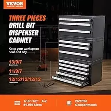 image of VEVOR Dispenser Cabinet 3 Pieces Three Letter, Five-Drawer Organizer for Wire Gauge Sizes, Stackable for Drill Bit Storage, (1/16" to 1/2")+(A to Z)+(1 to 60), Gray with Orange Texture with sku:b0cssrc9lk-amazon