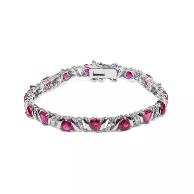 image of .925 Sterling Silver Created Heart Shape Red Ruby and White Diamond Accent Link Bracelet (I-J Color, I3 Clarity)- 7.25" Inches with sku:021236ba44-luxcom