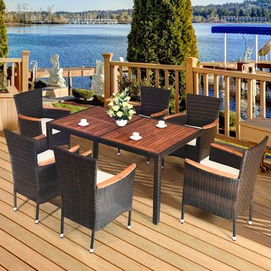 image of Costway 7PCS Patio Rattan Dining Set 6 Stackable Chairs Cushioned - Brown - 7-Piece Sets with sku:af9yxpitaxuvizona8umsgstd8mu7mbs-cos-ovr