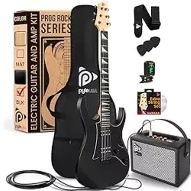 image of Pyle Prog Rock EG Series Electric Guitar with Amp Kit, 39" Full Size with Dual Humbucker Pickups, Low Profile Neck and Solid Paulownia Body, Premium Accessory Kit Included (Black Matte) with sku:b0crsh3cff-amazon