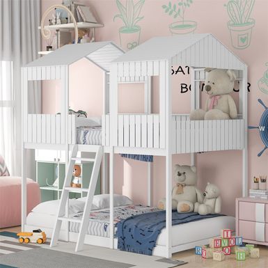 image of Merax Full over Full Wood Tower Bunk Bed with Roof - White with sku:dtbb8eesocdkt4xbjwx1bqstd8mu7mbs-overstock