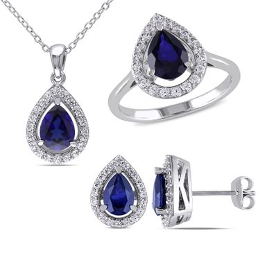 Miadora Sterling Silver Created Blue and White Sapphire Teardrop Jewelry Set - Size 9