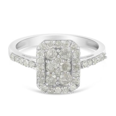 image of Sterling Silver 1ct. TDW Rose-Cut Diamond Emerald Frame Ring (I-J, I3) Choice of size with sku:015871r700-luxcom