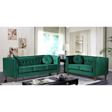 image of Roberta Velvet 2-Piece Set-Sofa & Loveseat - Green with sku:qy6tzkp12s3k1hm2w2qrwwstd8mu7mbs-overstock