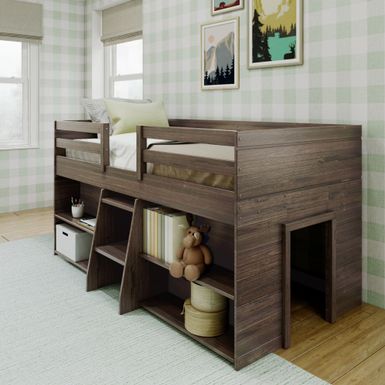 image of Max and Lily Farmhouse Twin Low Loft Bed with 2 Bookcases - Barnwood Brown with sku:ydcu5ndg3ws-f9aurvmogastd8mu7mbs-max-ovr