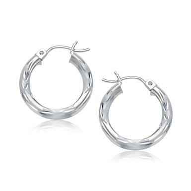 14k White Gold Hoop Earrings with Diamond Cuts (15mm) 