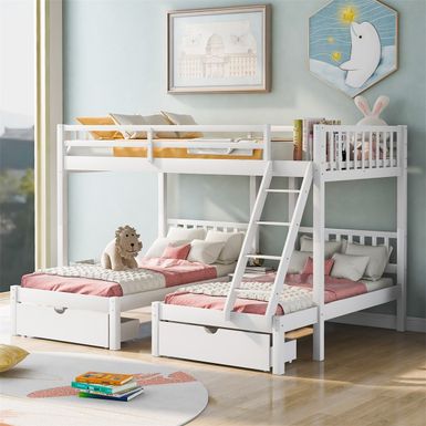 image of Merax Full Over Twin & Twin Bunk Bed, Wood Triple Bunk Bed with Drawers and Guardrails - White with sku:bwbyyeqdkcr25sj0rpeyuastd8mu7mbs-overstock