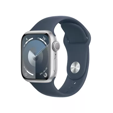 Apple Watch Series 9 GPS 45mm Silver Aluminum Case with Storm Blue Sport Band - S/M