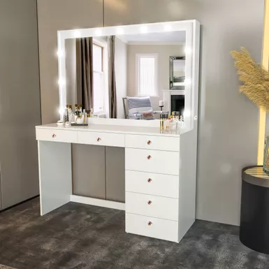 image of Boahaus Makeup Vanity, 7 Drawers, Lights Built-in, Power Outlet, White - White-Rose Gold Crystal Knobs with sku:6aq4ewywgureae7muom2egstd8mu7mbs-overstock